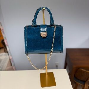 Teal Dune London Velvet Top Handle Bag with Gold Crossbody Chain